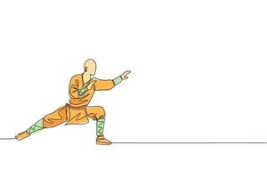 One continuous line drawing of young shaolin monk man practice kung fu style at temple ground . Traditional Chinese combative sport concept. Dynamic single line draw design graphic vector illustration