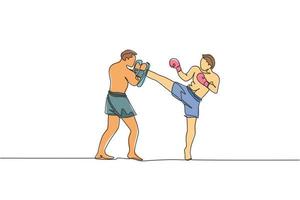 un dibujo de una sola línea de la práctica de kickboxer de hombre joven y enérgico con entrenador personal en la ilustración de vector gráfico de arena de boxeo. concepto de deporte de estilo de vida saludable. diseño moderno de dibujo de línea continua