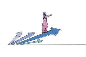 dibujo de línea continua única joven empresaria árabe profesional montando flecha y volando. concepto de metáfora de crecimiento empresarial minimalista dinámico dibujo de una línea diseño gráfico ilustración vectorial vector