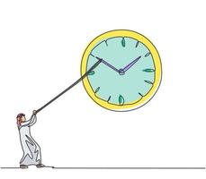 dibujo continuo de una línea joven trabajador árabe tirando en el sentido de las agujas del reloj gran reloj de pared analógico con cuerda. concepto minimalista del negocio de la gestión del tiempo. Ilustración gráfica de vector de diseño de dibujo de una sola línea.