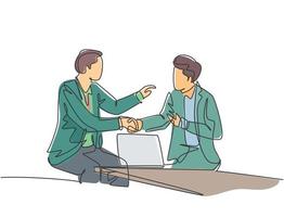 Continuous line drawing of business men handshake his colleague to deal a project. Business meeting at office concept. Single line drawing design, vector graphic illustration