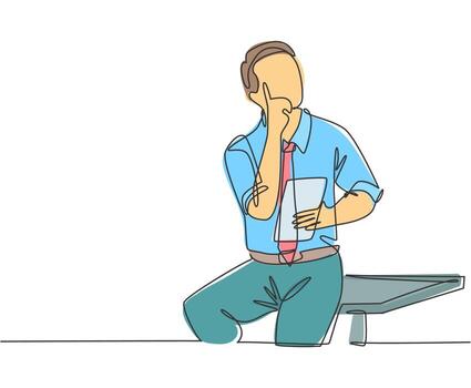 One single line drawing of young manager focus thinking about his career continuity in the company after promotion. Successful career path concept continuous line draw design vector illustration