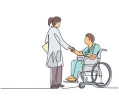 One line drawing of young female doctor visiting and handshaking the patient with wheelchair in hospital. Continuous line drawing design, vector illustration