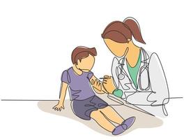 dibujo de línea continua única de una doctora pediatra que administra la inyección de inmunización de la vacuna a un paciente joven. Concepto de tratamiento de atención médica médica ilustración de vector de diseño de dibujo de una línea