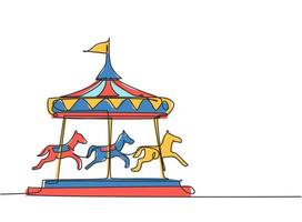 Single continuous line drawing of a horse carousel in an amusement park with horses spinning under the tent with a flag. Happy childhood. Dynamic one line draw graphic design vector illustration.