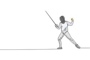 One continuous line drawing of young man fencing athlete practice fighting on professional sport arena. Fencing costume and holding sword concept. Dynamic single line draw design vector illustration