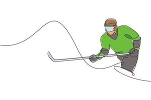 One continuous line drawing of young professional ice hockey player exercising and practicing on ice rink stadium. Healthy extreme sport concept. Dynamic single line draw design vector illustration