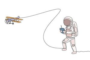 Single continuous line drawing of astronaut playing airplane radio control in moon surface. Having fun in leisure time on outer space concept. Trendy one line draw design vector illustration graphic