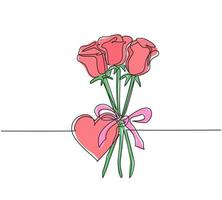 One single line drawing of beautiful rose flower bouquets with heart shape greeting card. Trendy invitation, logo, banner, poster concept continuous line draw design graphic vector illustration