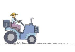 Single continuous line drawing young male farmer drive a tractor to plow the fields. Start a new planting period. Farming minimalism concept. Dynamic one line draw graphic design vector illustration.