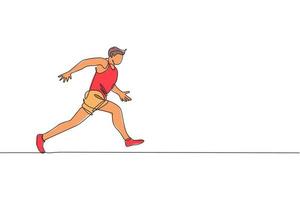 One continuous line drawing of young sporty man runner focus running on run track. Health activity sport concept. Dynamic single line draw design vector illustration for running event promotion poster