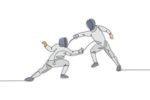 One continuous line drawing of two young men fencing athlete practice fighting action on sport arena. Fencing costume and holding sword concept. Dynamic single line draw design vector illustration