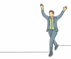 Single continuous single line drawing of young happy male manager running and open his hands after cross the finish line. Business race competition concept one line draw design vector illustration