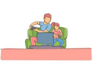 Single continuous line drawing of young father and daughter sitting on sofa while playing video game together at home, happy parenting. Family fun concept. One line draw design vector illustration