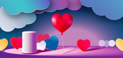 A dark pink stage with a white stand and heart shape heart balloons. decoration with heart and cloud paper cut, Valentine's day minimal scene for product display presentation. vector