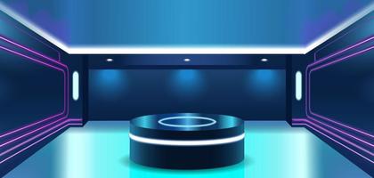 Abstract dark blue cylinder pedestal podium. Sci-fi abstract room concept with glowing neon curve lighting line. Vector rendering 3d background, Mockup product display.