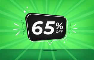 65 percent off. Green banner with sixty-five percent discount on a black balloon for mega big sales. vector