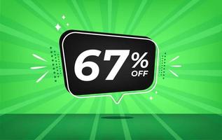 67 percent off. Green banner with sixty-seven percent discount on a black balloon for mega big sales. vector