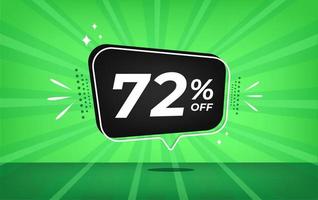 72 percent off. Green banner with seventy-two percent discount on a black balloon for mega big sales. vector