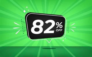 82 percent off. Green banner with eighty-two percent discount on a black balloon for mega big sales. vector