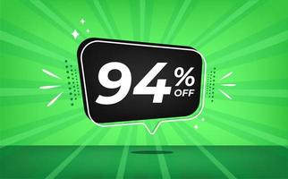 94 percent off. Green banner with ninety-four percent discount on a black balloon for mega big sales. vector