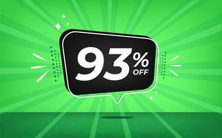 93 percent off. Green banner with ninety-three percent discount on a black balloon for mega big sales. vector