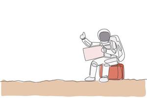 One single line drawing of astronaut hitchhiker siting on luggage while waiting for the ride in moon surface road vector illustration. Cosmonaut deep space concept. Modern continuous line draw design