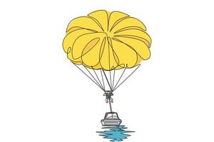 One continuous line drawing of young bravery man flying in sky using parasailing parachute behind a boat. Outdoor dangerous extreme sport concept. Dynamic single line draw design vector illustration