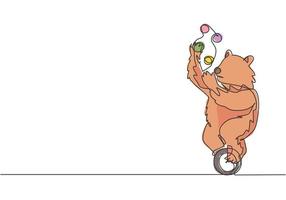 una línea continua dibujando un oso pardo entrenado haciendo malabares en una bicicleta de una rueda. la audiencia quedó asombrada por el concepto de actuación del oso. Ilustración gráfica de vector de diseño de dibujo de una sola línea.