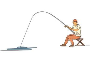 Single continuous line drawing young happy fisher man fly fishing bass fish in open river while siting on chair. Fishing hobby holiday concept. Trendy one line draw design vector illustration graphic