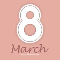 8 March and international Women's Day paper cut style vector square greeting card or banner design. Big white paper cut eight number on pale pink background.