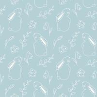 Easter bunny seamless pattern doodle vector design. Cute rabbit, spring snowdrop flowers and butterflies white outline drawing on light blue background.