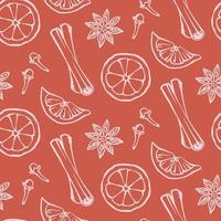 Hand drawn seamless pattern with cinnamon, carnation, anise and orange slices. Mulled wine or bakery spices and ingredients. Vector kitchen background for menu design, textile, fabric, wrapping paper