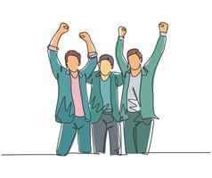 One continuous line drawing of young startup founders and CEO raised their fist into the air to celebrate their success got fund from investor. Business concept single line draw design illustration vector