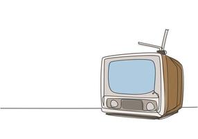 One continuous line drawing of retro old classic television with antenna. Vintage analog tv entertainment item concept single line draw design vector graphic illustration