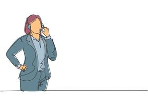 Single continuous line drawing of young happy female customer service worker answering phone call from customer kindly. Helpdesk center care concept one line draw design vector graphic illustration