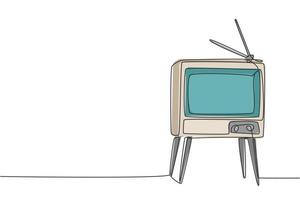 Un dibujo de línea continua de un televisor antiguo retro con mesa y patas de madera. Ilustración de vector gráfico de diseño de dibujo de línea única de concepto de televisión analógica vintage clásico