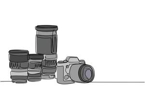 One single line drawing of old retro analog slr camera with set of telephoto and wide lenses. Vintage classic photography equipment concept continuous line draw design vector graphic illustration