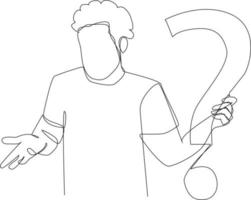 Continuous one line drawing boy and question mark. Frequently Asked Questions Concept. Single line draw design vector graphic illustration.