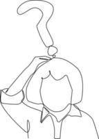 Continuous one line drawing little girl has question mark on head. Frequently Asked Questions Concept. Single line draw design vector graphic illustration.