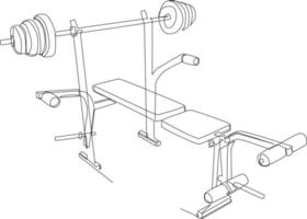 Single one line drawing Workout weight bench with dumbbells shot. Fitness activity concept. Continuous line draw design graphic vector illustration.