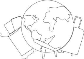 Continuous one line drawing Travelling suitcase bag, air plane and globe. World traveler Concept. Single line draw design vector graphic illustration.