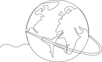 Continuous one line drawing Plane and globe. World traveler Concept. Single line draw design vector graphic illustration.