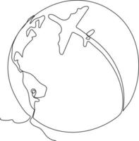 Continuous one line drawing Plane and globe. World traveler Concept. Single line draw design vector graphic illustration.