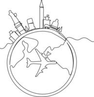 Continuous one line drawing air plane with famous world landmarks. World traveler Concept. Single line draw design vector graphic illustration.