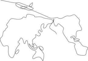 Continuous one line drawing World Travel Map and air plane. World traveler Concept. Single line draw design vector graphic illustration.