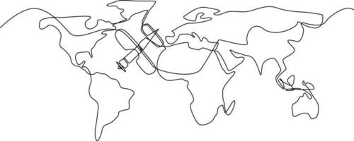 Continuous one line drawing World Travel Map and air plane. World traveler Concept. Single line draw design vector graphic illustration.