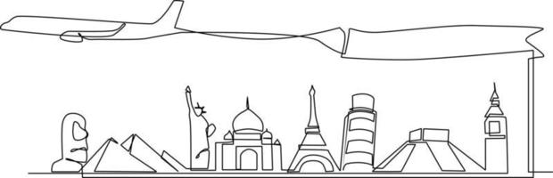 Continuous one line drawing air plane with famous world landmarks. World traveler Concept. Single line draw design vector graphic illustration.