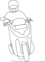 Continuous one line drawing happy man riding motorbike on the road using helmet. Safety ride concept. Single line draw design vector graphic illustration.