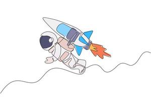 Single continuous line drawing astronaut in spacesuit flying at outer space with jetpack rocket spacecraft. Science milky way astronomy concept. Trendy one line draw design vector illustration graphic